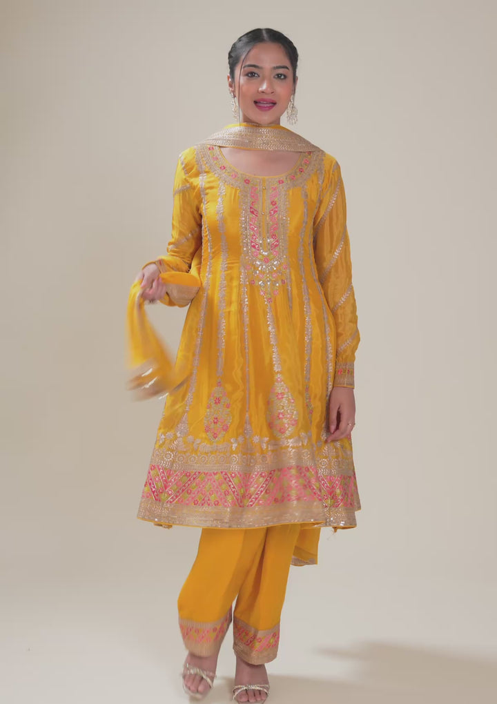 Yellow Zariwork Tissue Readymade Salwar Suit
