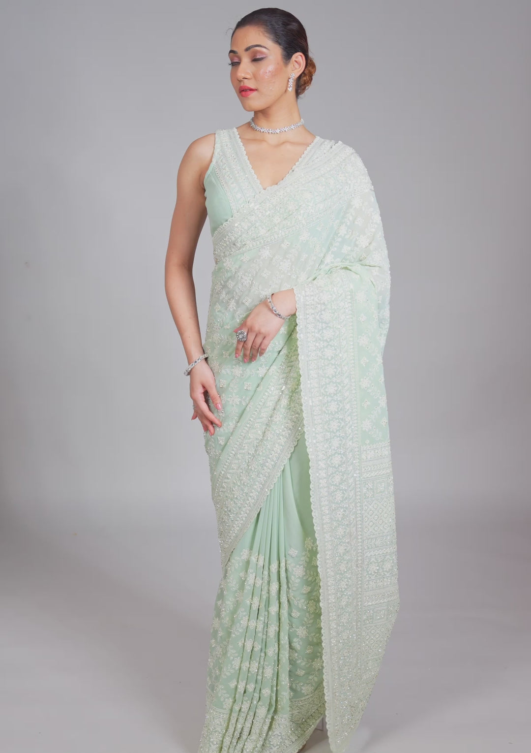 Pista Green Threadwork Georgette Saree