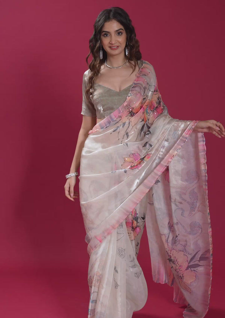 Cream Printed Tissue Saree