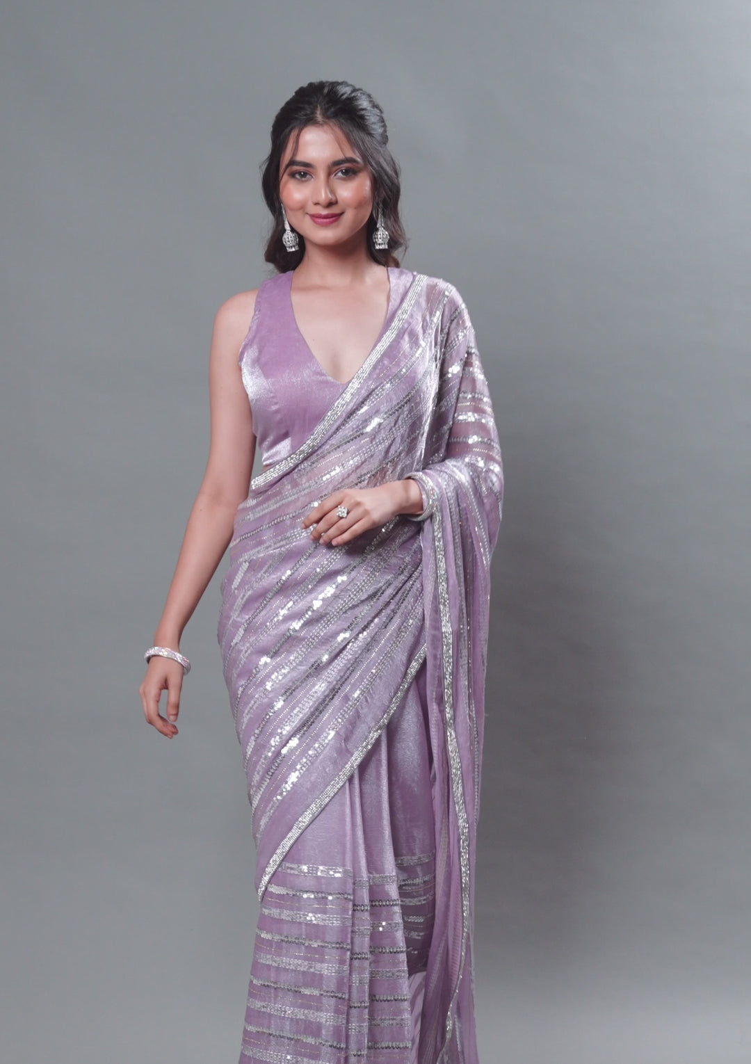 Lavender Sequins Semi Crepe Saree