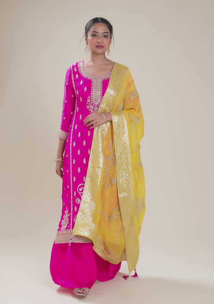 Rani Pink Zariwork Semi Crepe Readymade Salwar Suit