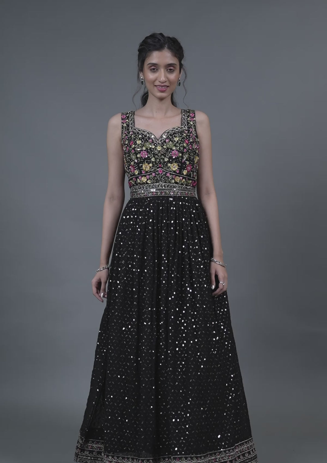 Black Threadwork Georgette Gown