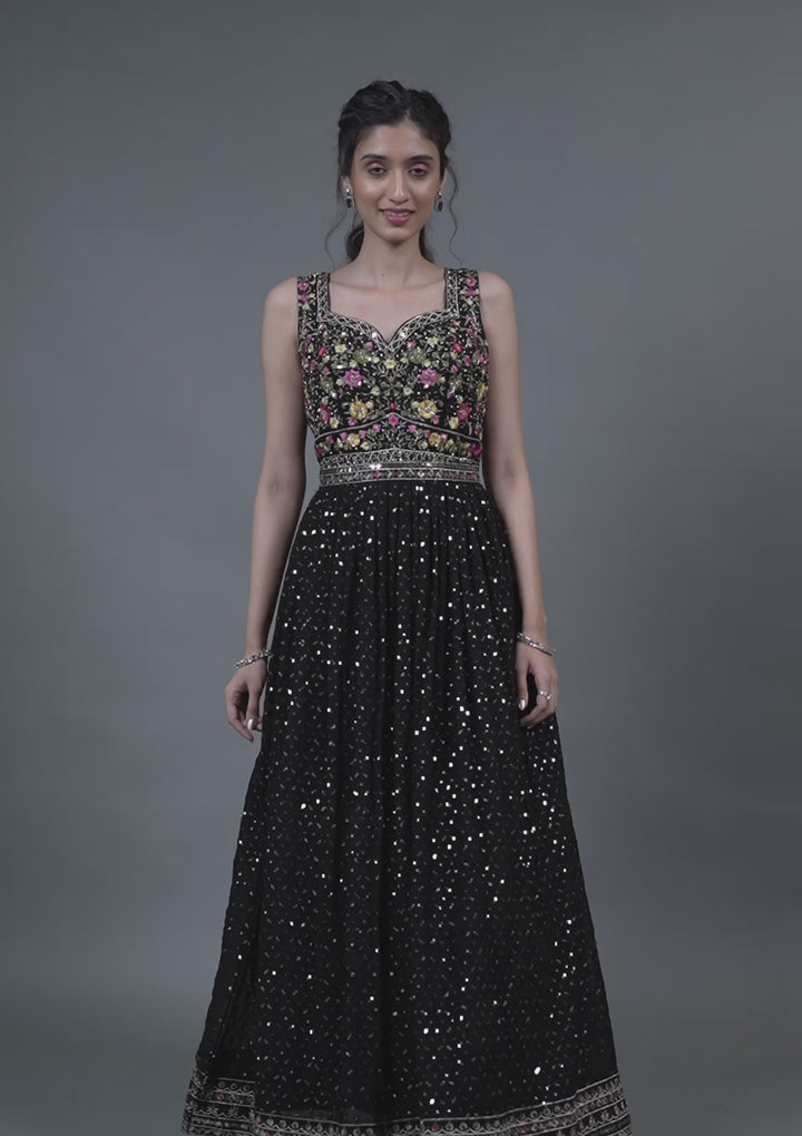 Black Threadwork Georgette Gown