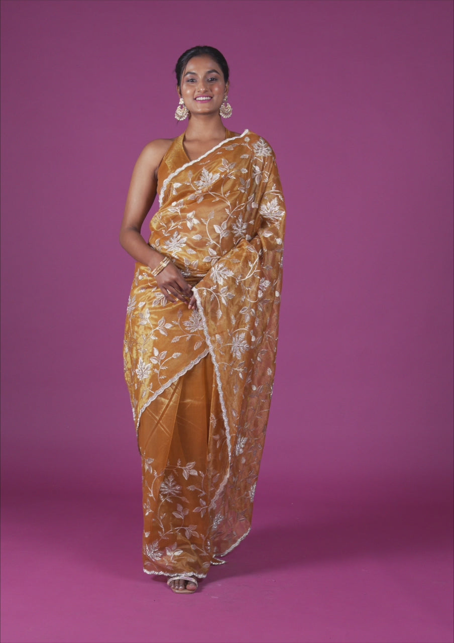 Mustard Zariwork Tissue Saree