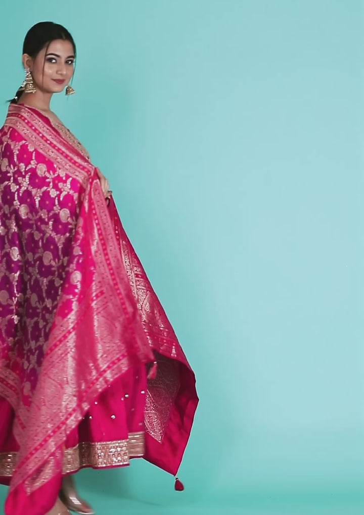 Rani Pink Zariwork Crepe Readymade Anarkali Suit