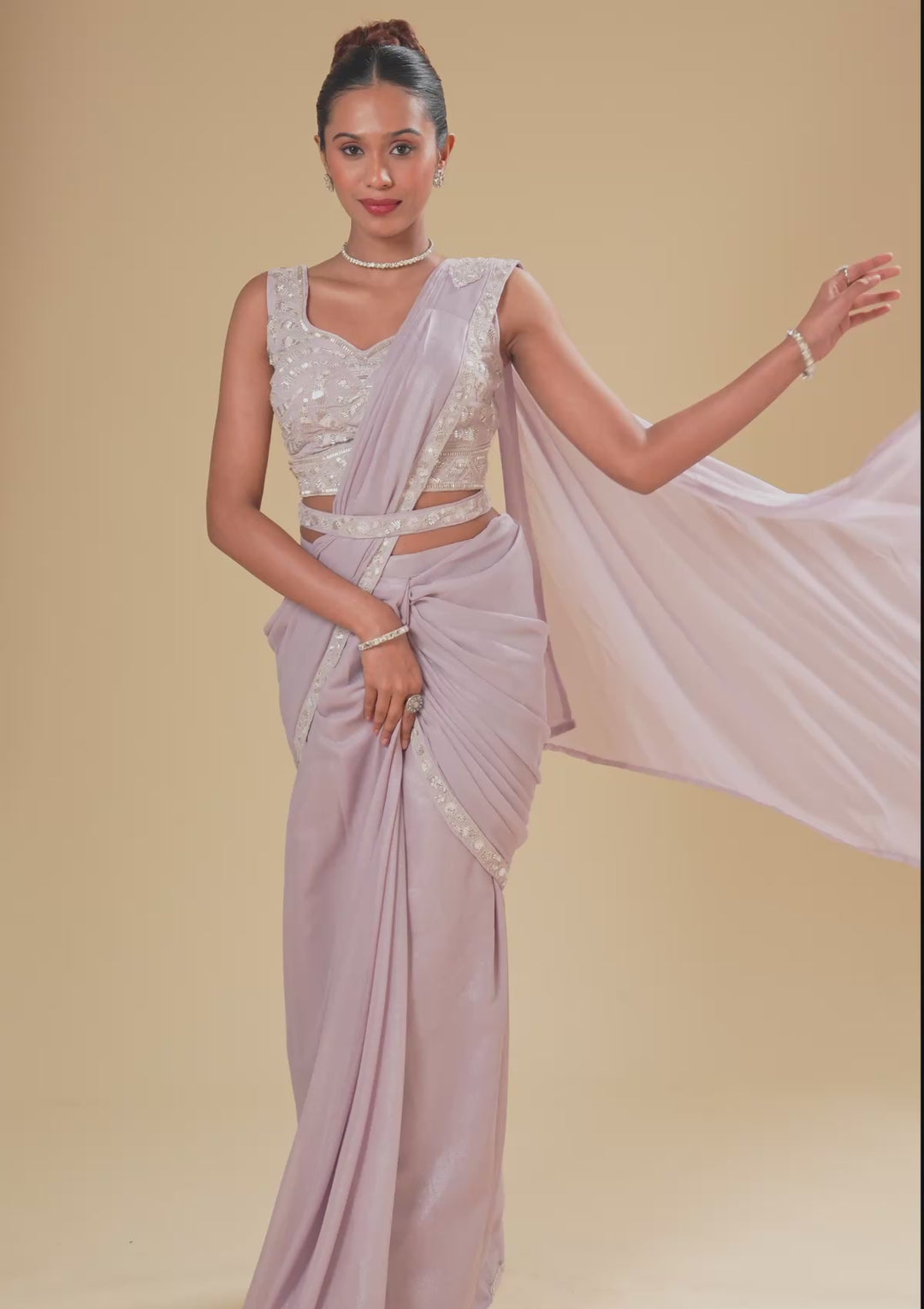 Lavender Cutdana Chiffon Readymade Saree