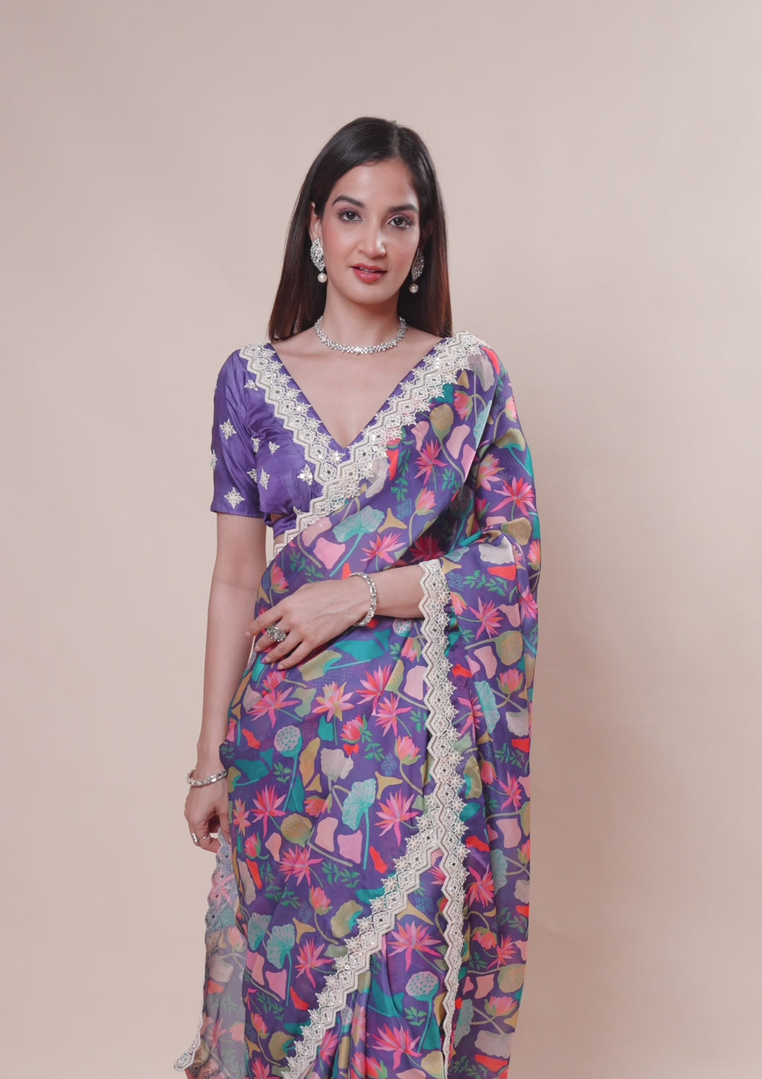 Purple Threadwork Georgette Saree