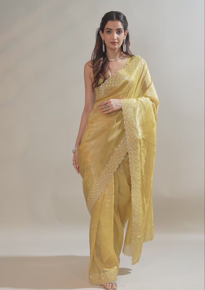 Yellow Swarovski Tissue Saree
