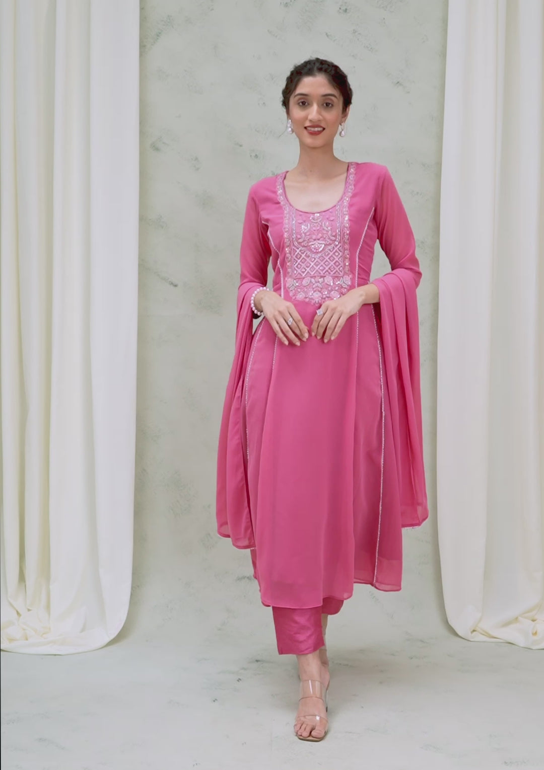 Onion Pink Cutdana Georgette Readymade Anarkali Suit