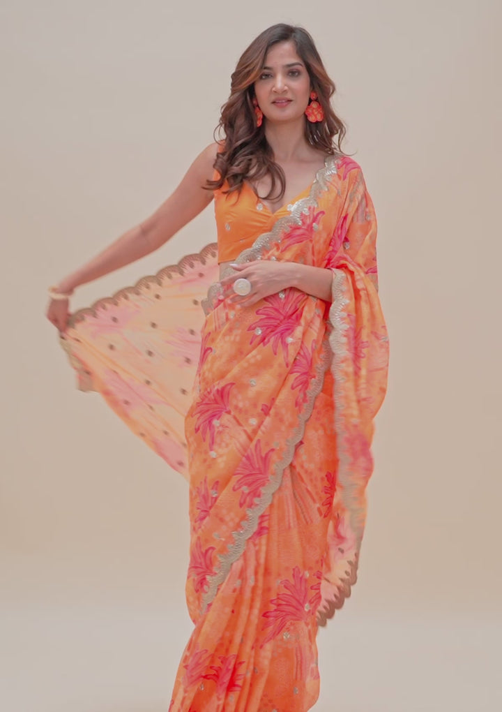 Orange Printed Organza Saree