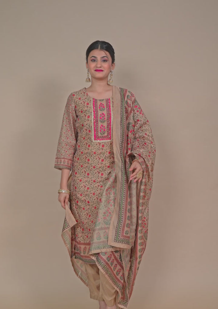 Beige Threadwork Chanderi Readymade Salwar Suit