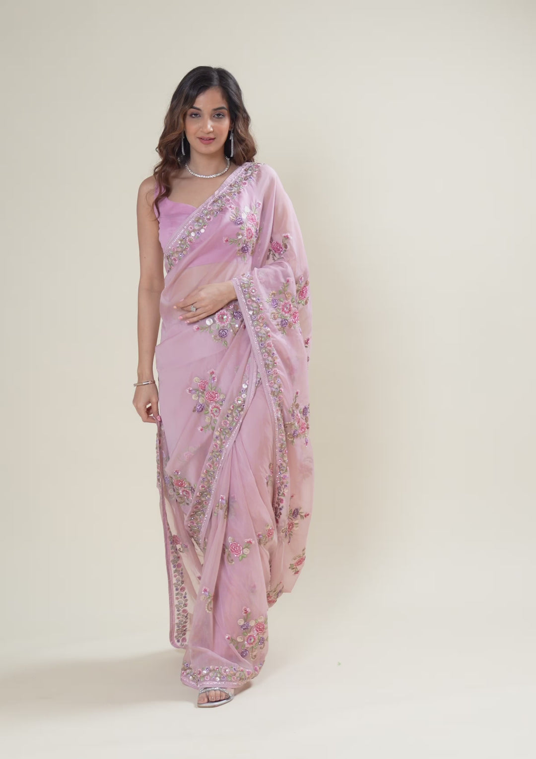 Onion Pink Threadwork Organza Saree