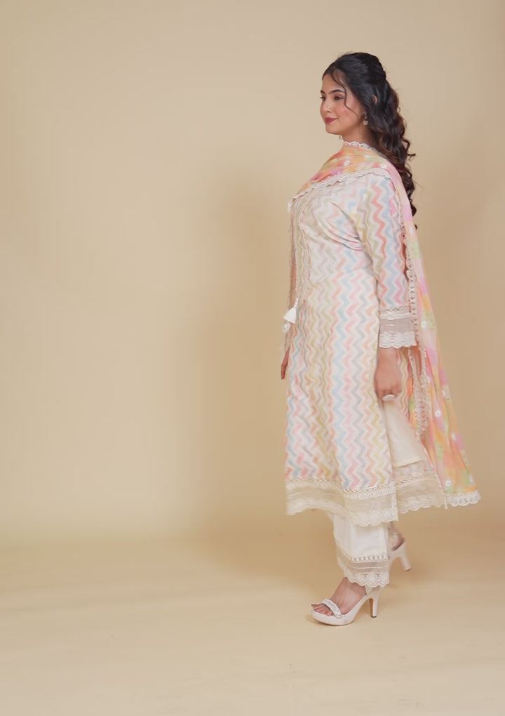 Cream Cutwork Cotton Readymade Salwar Suit