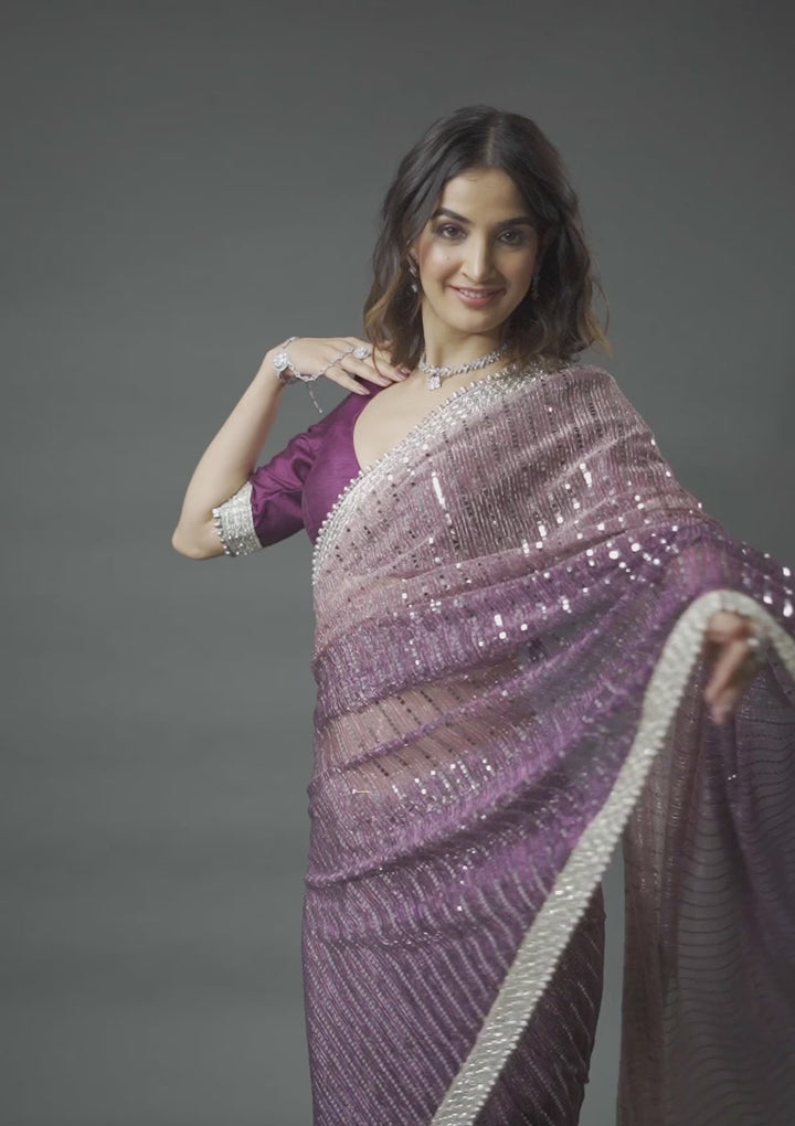 Purple Sequins Shimmer Georgette Saree