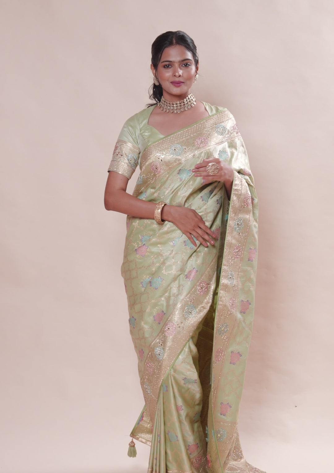 Pista Green Stonework Soft Silk Saree