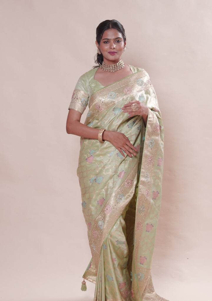 Pista Green Stonework Soft Silk Saree