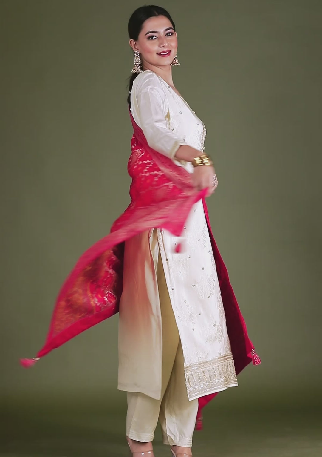 Cream Zariwork Crepe Readymade Salwar Suit