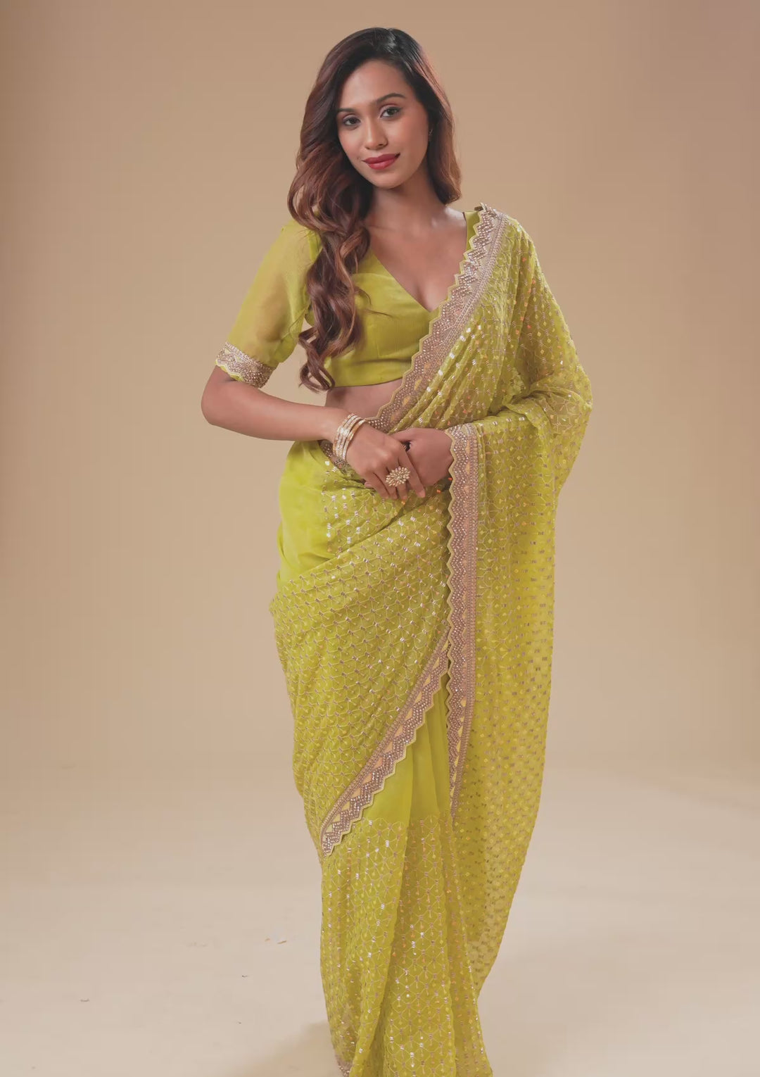 Mehendi Stonework Chiffon Saree