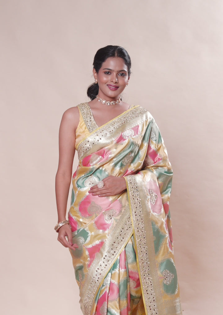 Yellow Stonework Banarasi Silk Saree