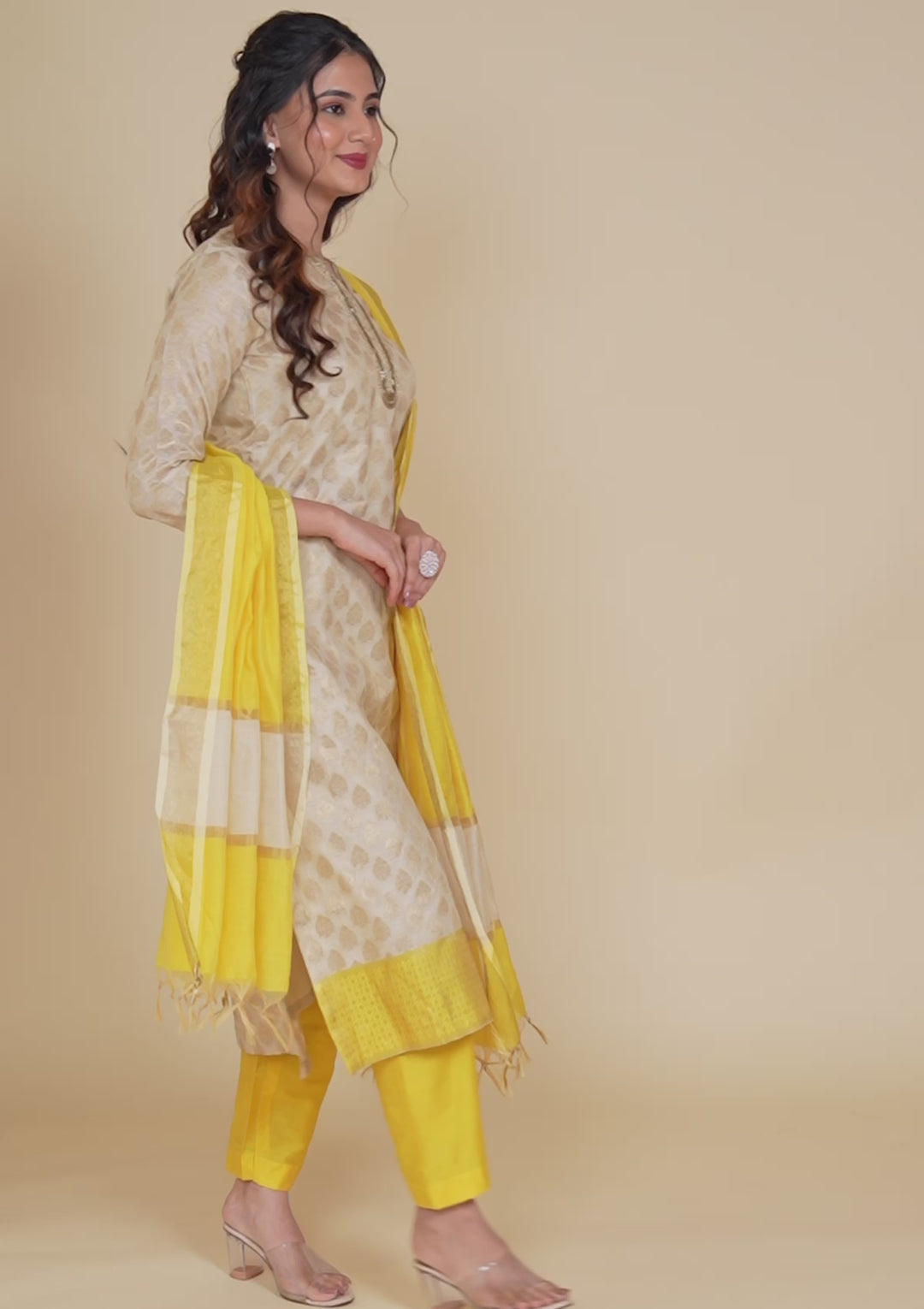 Beige Banarasi Cotton Readymade Salwar Suit