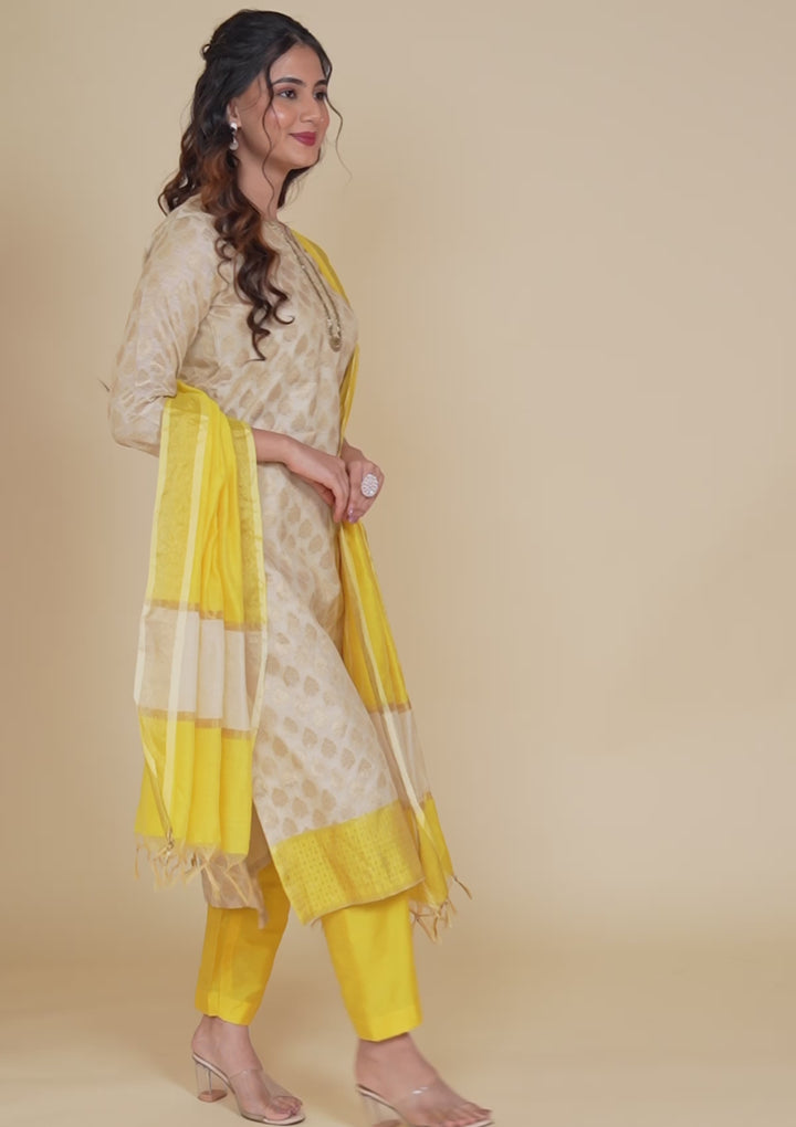 Beige Banarasi Cotton Readymade Salwar Suit