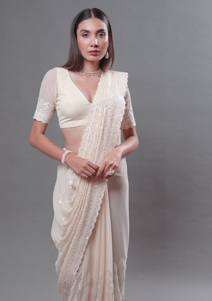 Cream Threadwork Georgette Saree