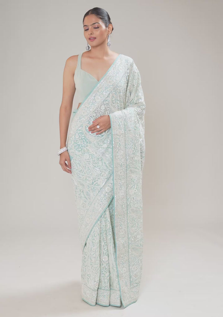 Sky Blue Threadwork Georgette Saree
