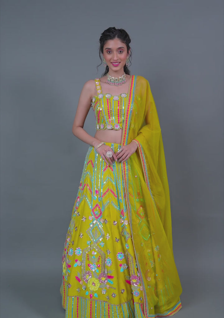 Parrot Green Sequins Raw Silk Readymade Lehenga