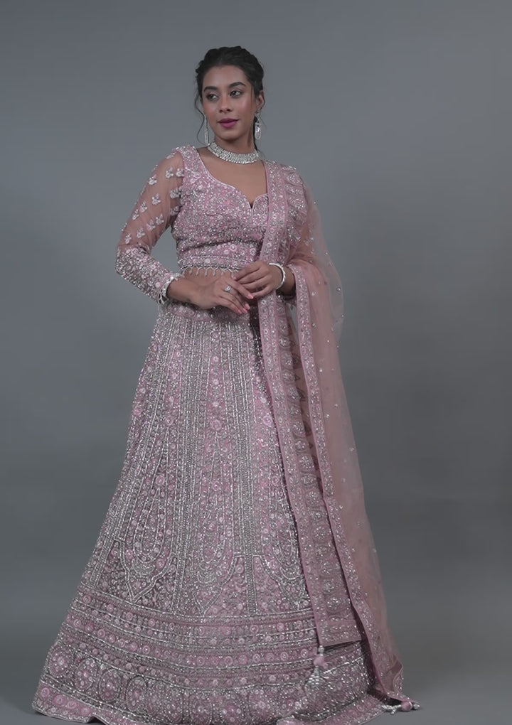 Pink Stonework Net Readymade Lehenga