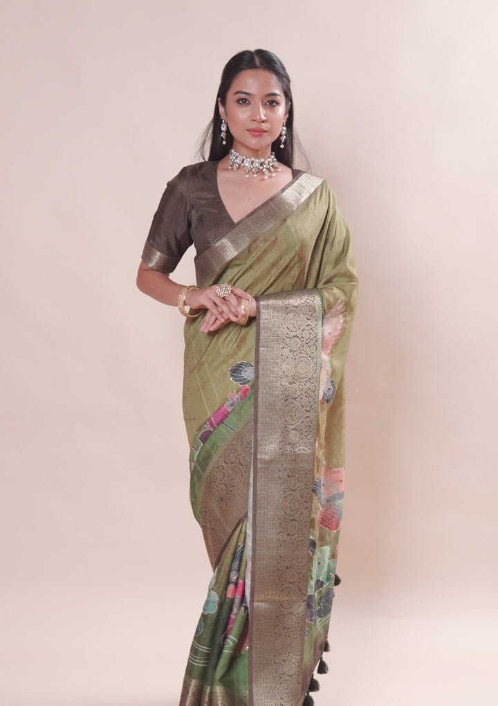 Parrot Green Printed Art Silk Saree
