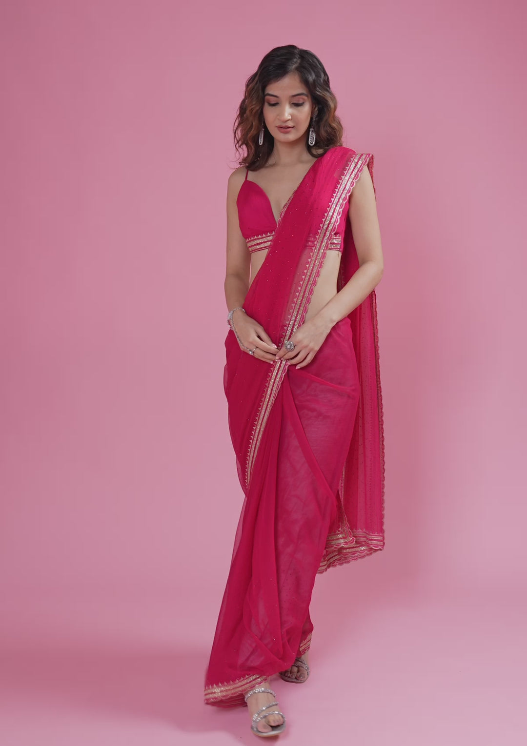 Rani Pink Threadwork Chiffon Saree