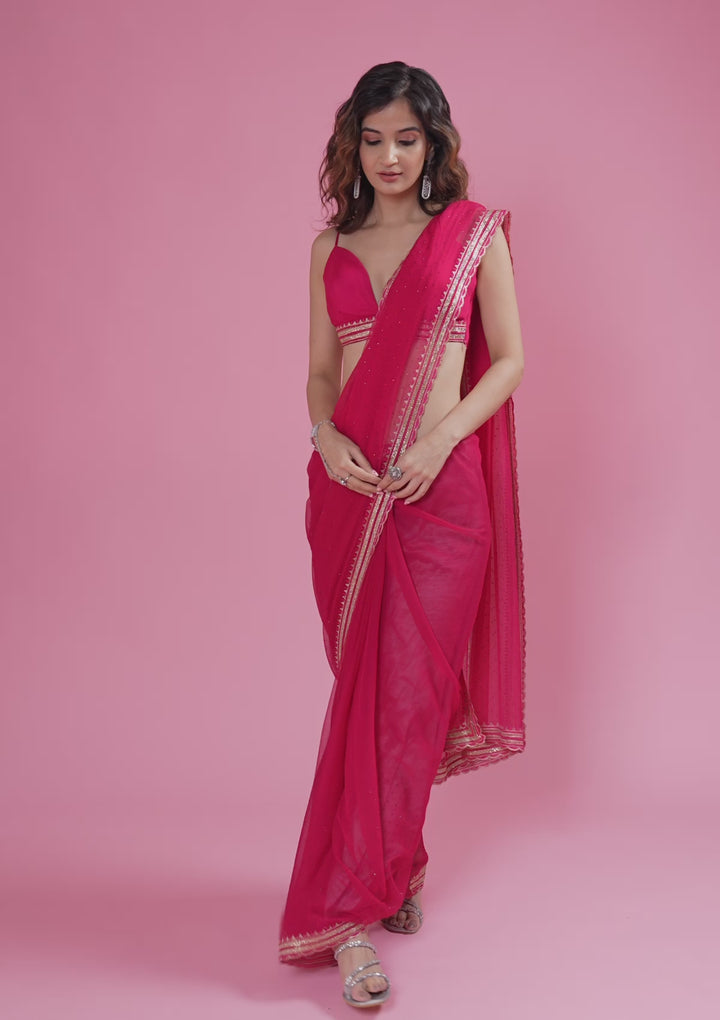 Rani Pink Threadwork Chiffon Saree