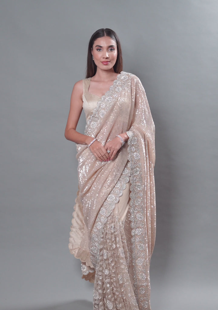 Beige Sequins Net Saree