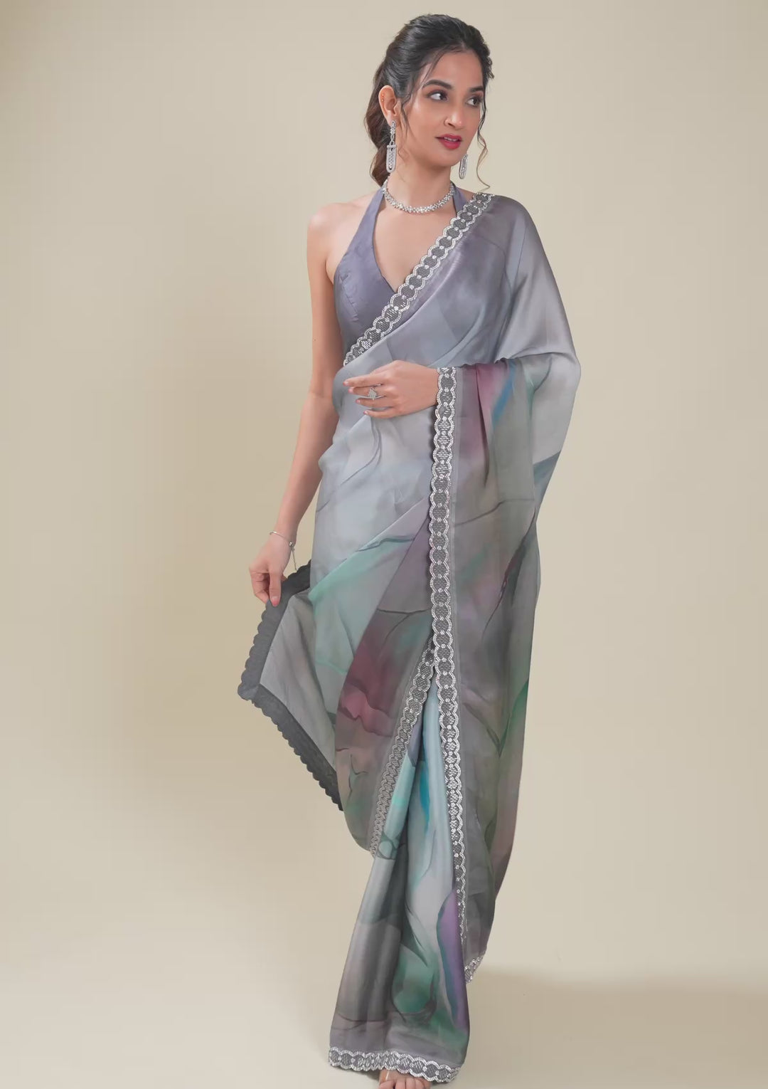 Blue Stonework Satin Saree
