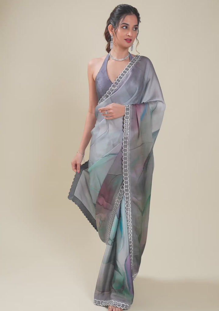 Blue Stonework Satin Saree
