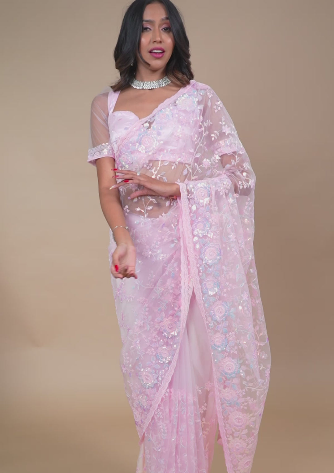 Baby Pink Sequins Tissue Saree