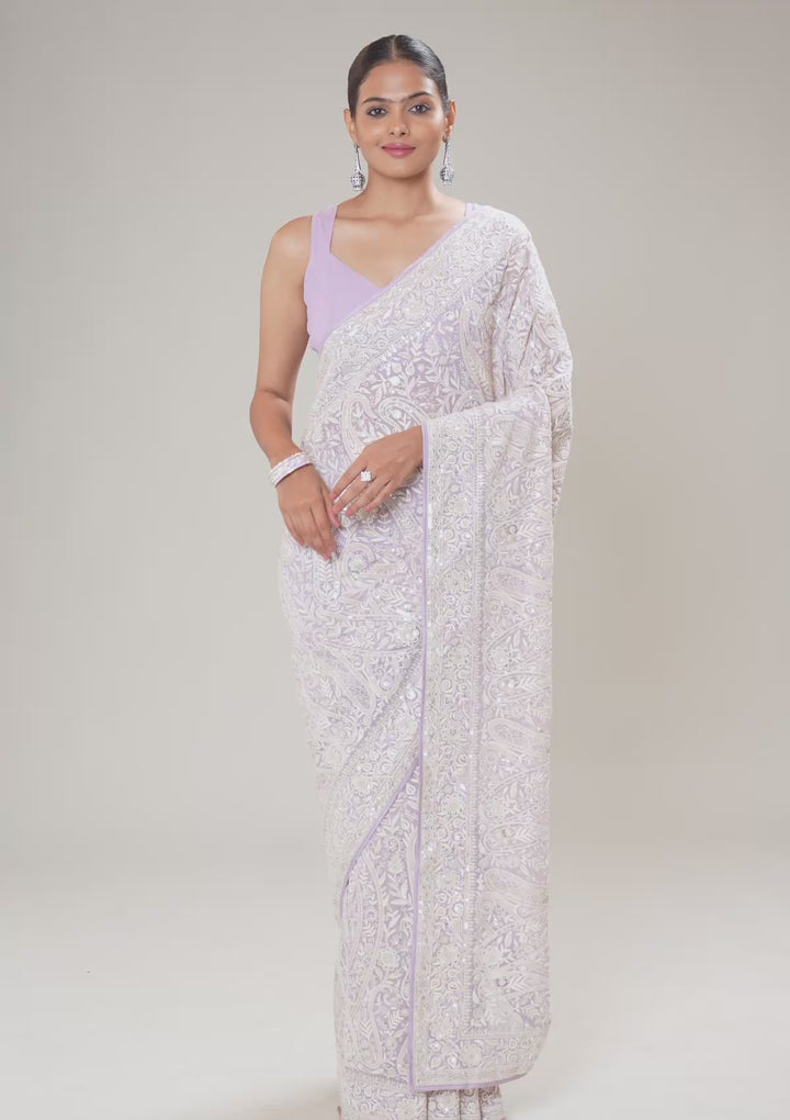 Lavender Threadwork Georgette Saree