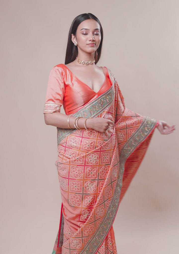 Peach Threadwork Soft Silk Saree
