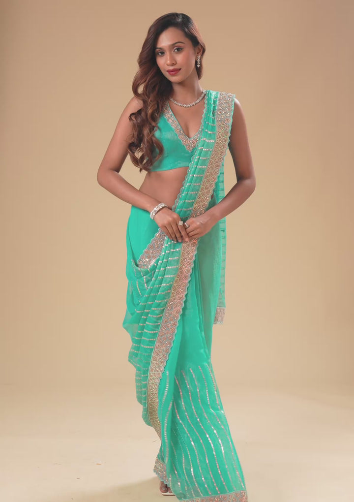 Turquoise Blue Stonework Chiffon Saree