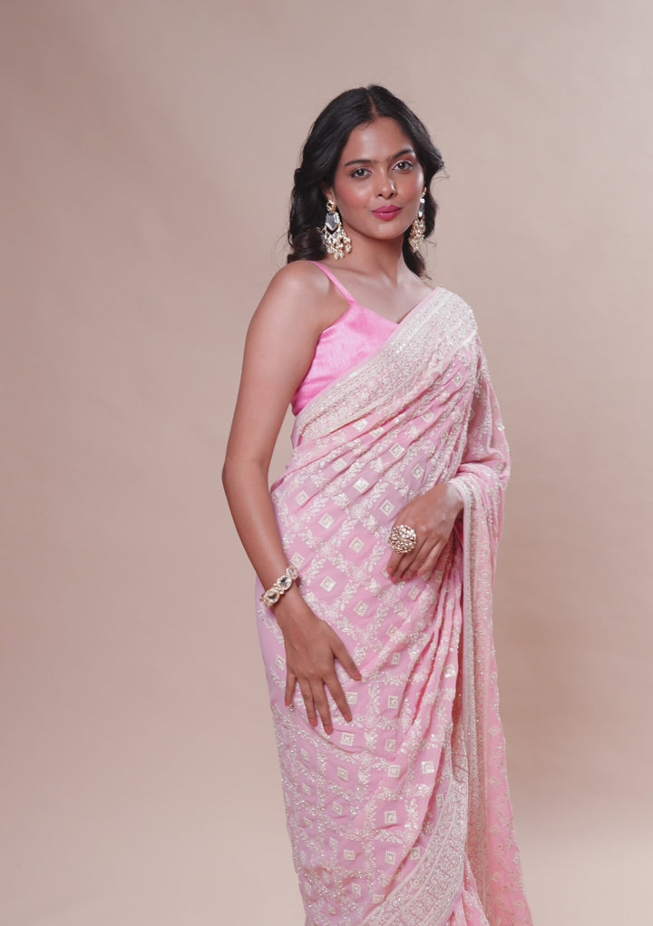 Baby Pink Threadwork Georgette Saree