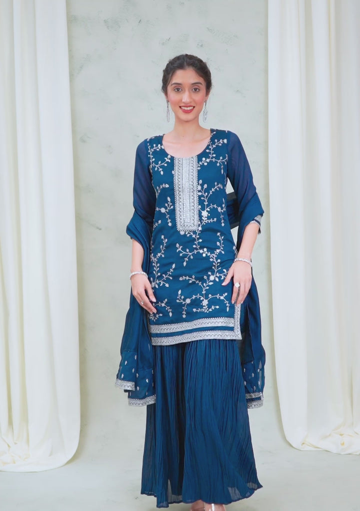 Peacock Blue Threadwork Raw Silk Readymade Salwar Suit