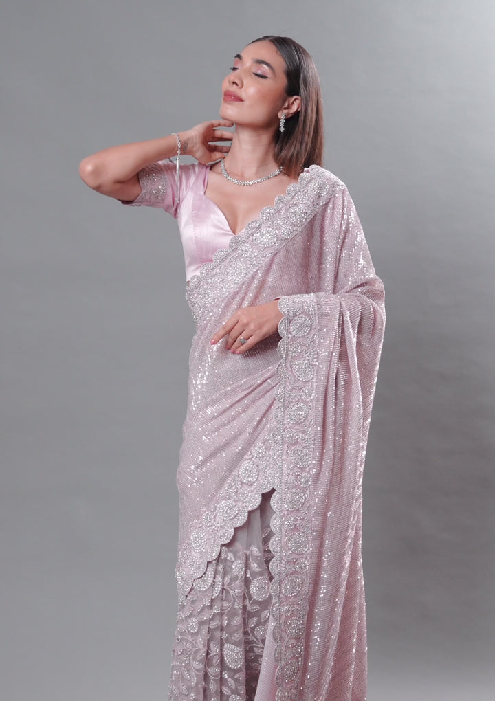 Baby Pink Threadwork Net Saree
