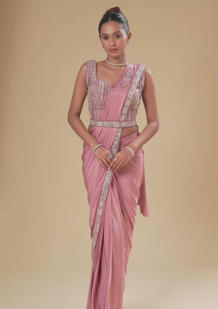Onion Pink Cutdana Satin Readymade Saree