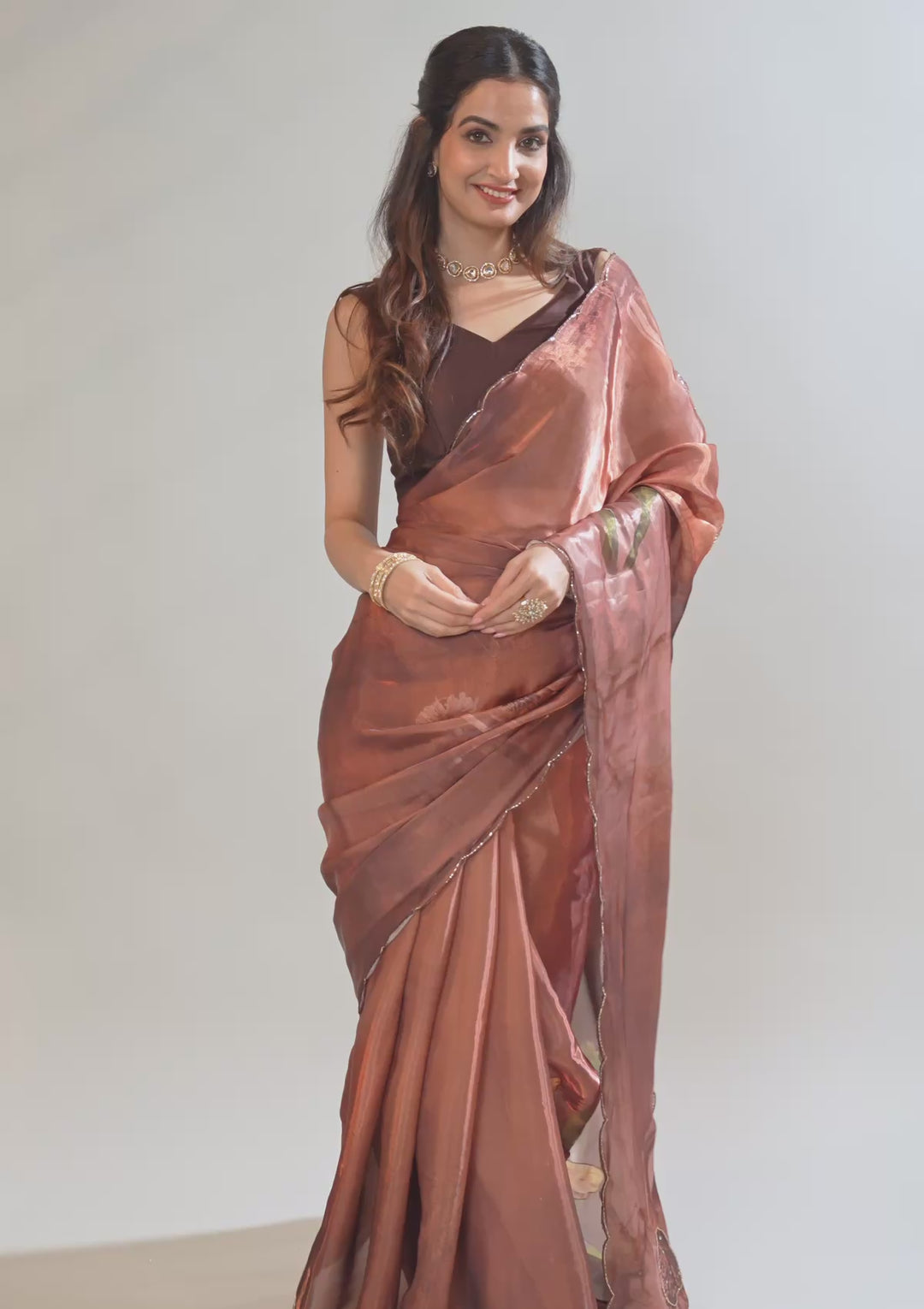 Brown Printed Tissue Saree