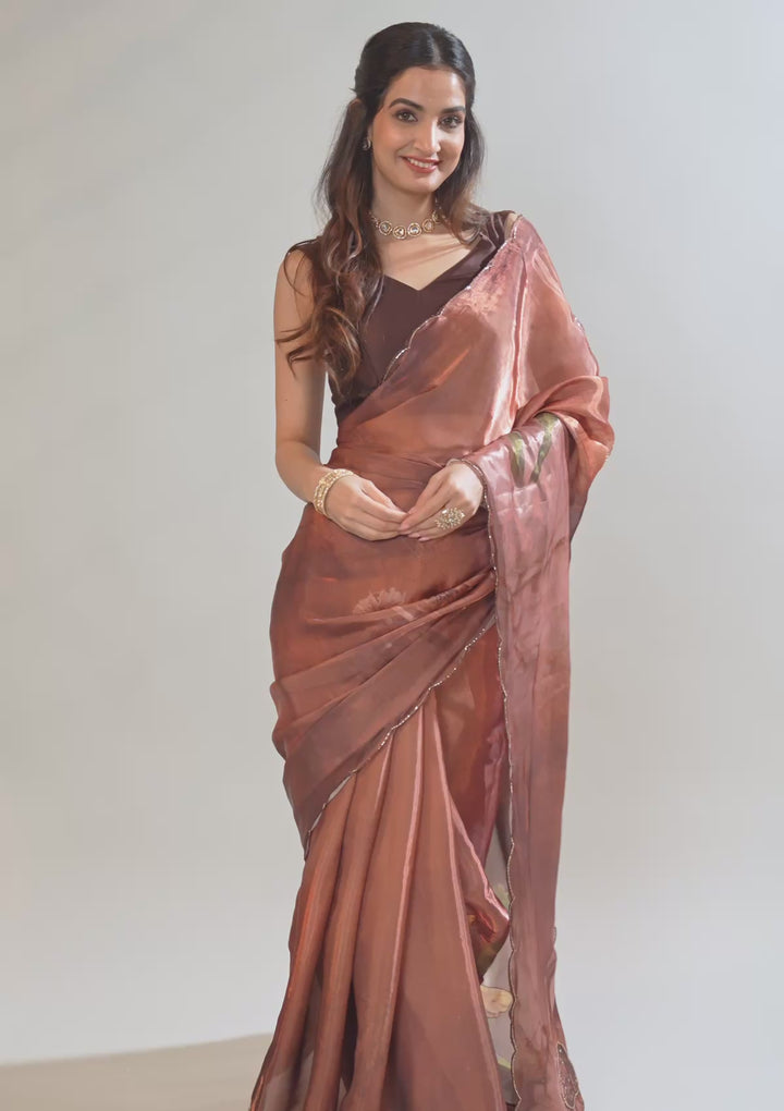 Brown Printed Tissue Saree