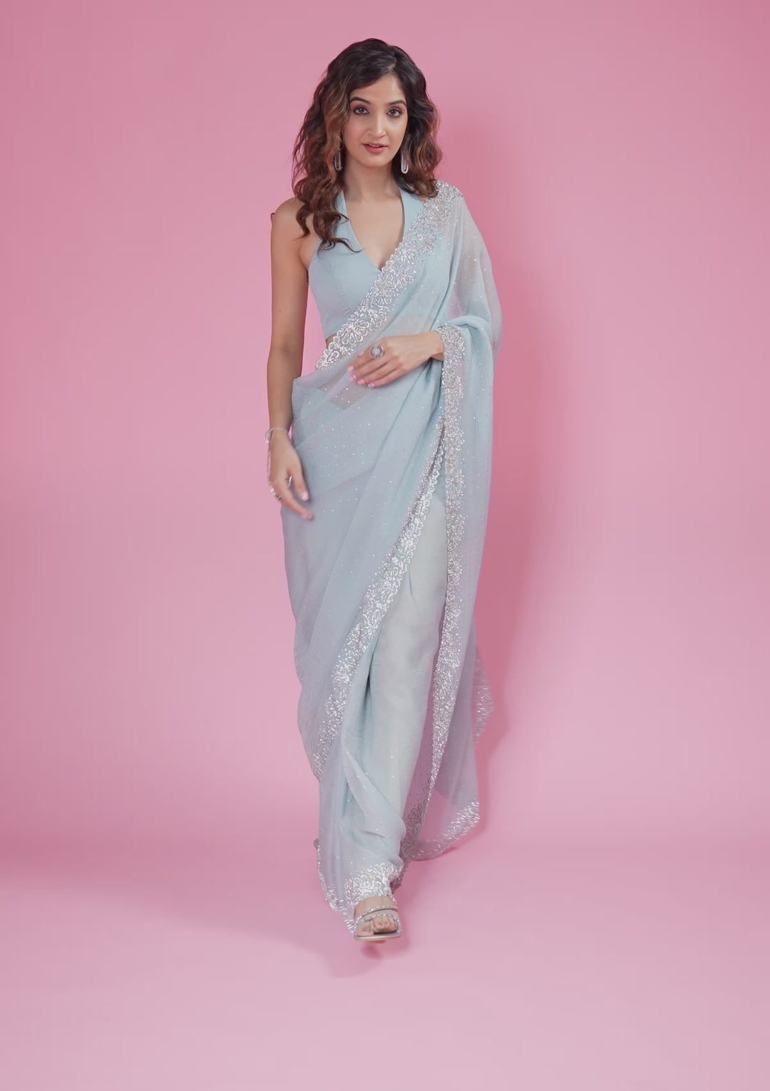 Sky Blue Threadwork Chiffon Saree
