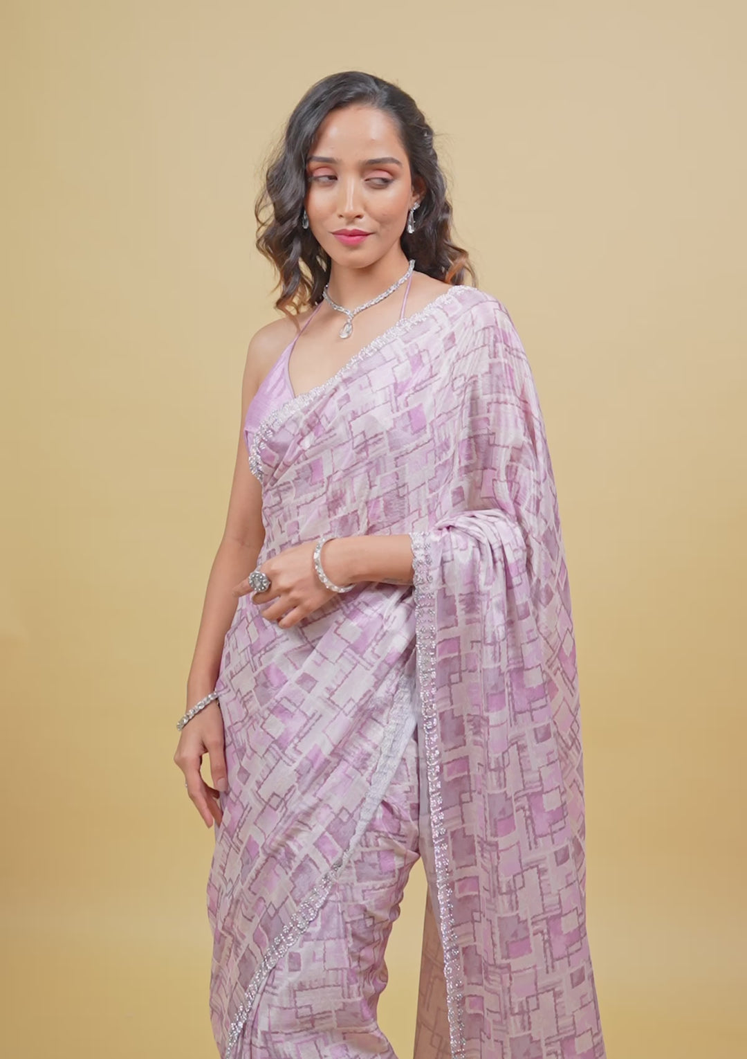 Lavender Stonework Semi Crepe Saree