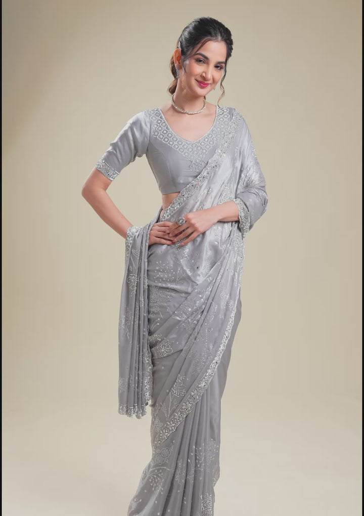 Grey Stonework Satin Saree