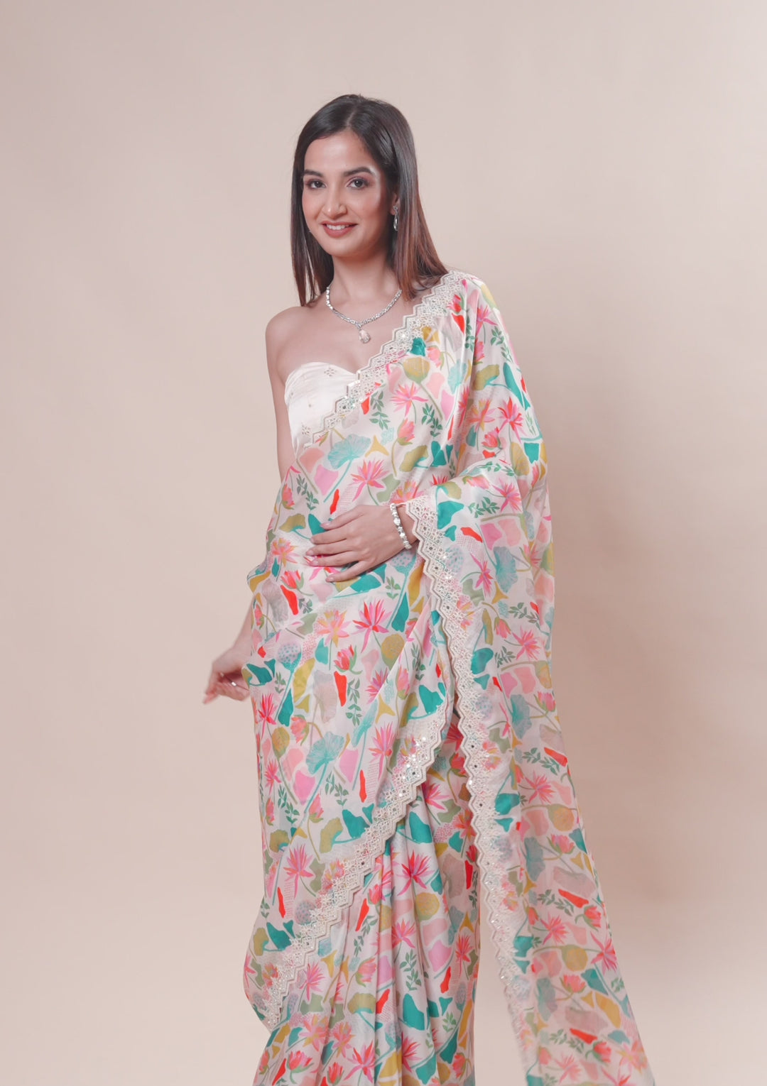 White Threadwork Georgette Saree