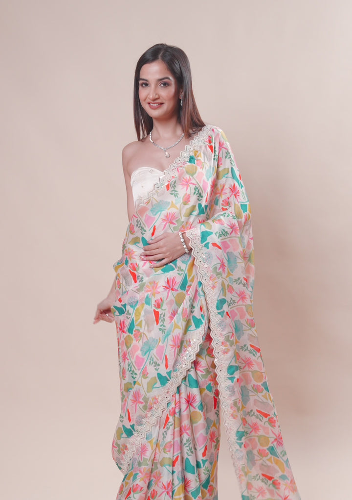 White Threadwork Georgette Saree